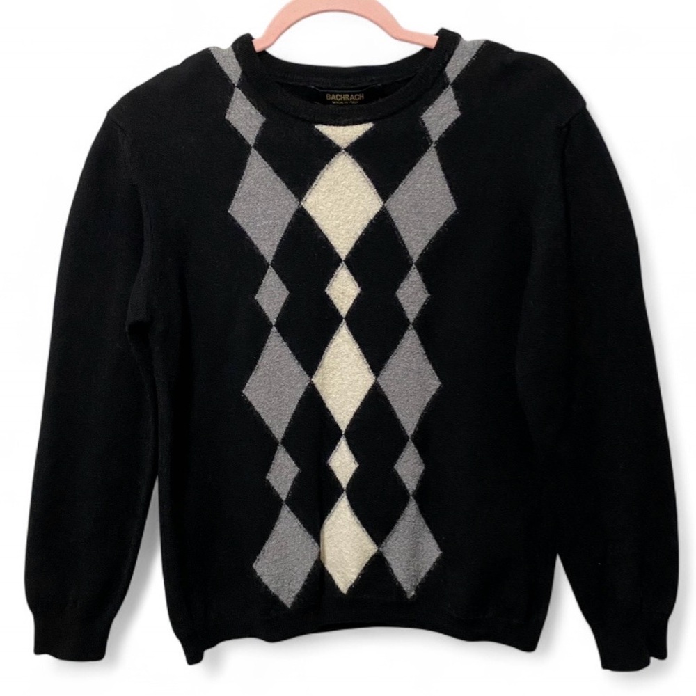 Vintage Dark Academia 100% Fine Merino Wool Black & Gray Fitted Argyle Sweater